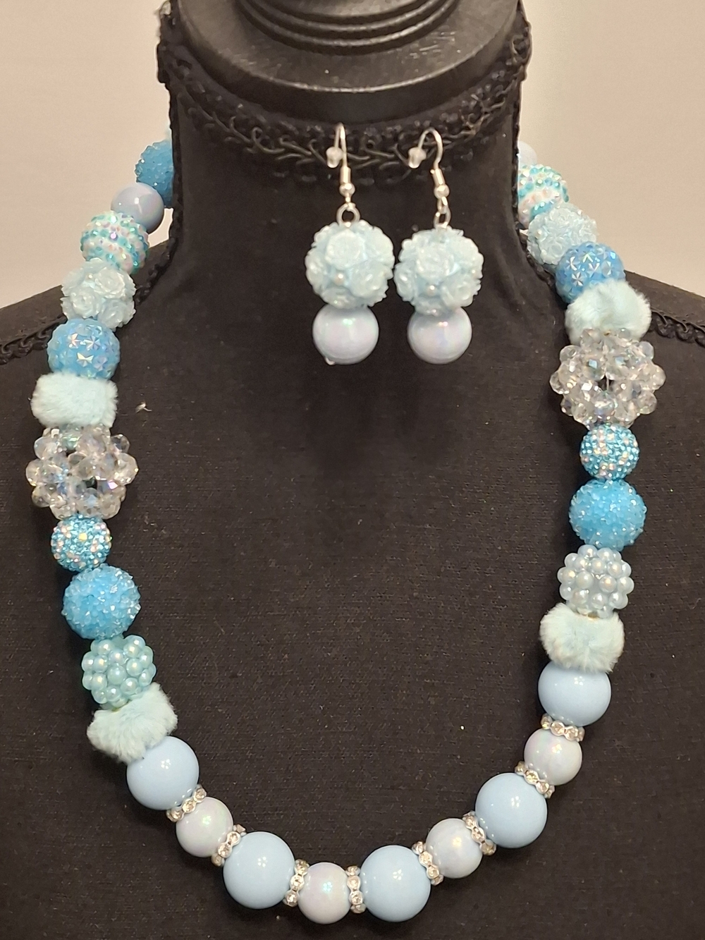 Handmade Light Blue Beaded Necklace & Earrings Set With Faux Fur Beads.